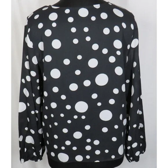 Women's Black And White Polka Dot Ruffled Bow Blouse Size XL - Picture 5 of 7